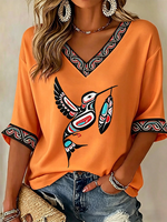 Chemise bohème à col en V, manches trois-quarts, broderie florale et animale, décontractée, pour femmes, été, respirante, à porter au quotidien
