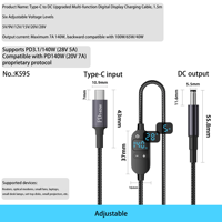 Fuente de Alimentación USB-C de 140W con Pantalla Digital, Voltaje Ajustable, Revestimiento de PVC, Carga Rápida de 5A, Cable Largo DC5521 y Función de Conexión a PC