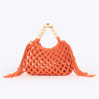 Sac fourre-tout quotidien en coton crocheté style chic coréen couleur bonbon pour femme, sac à main tissé pour la plage et les voyages avec poignée en perles de bois et pompons