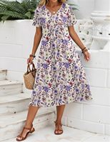 Robe midi décontractée d'été pour femmes, à manches courtes, coupe évasée, avec poches, col en V, motif floral, pour la plage, lavable