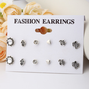 Juego de 6 Pares de Aretes de Moda con Forma de Tortuga, Corazón, Cactus, Hamsa, Zirconia y Plata, Unisex, para Regalo - Product Image 2