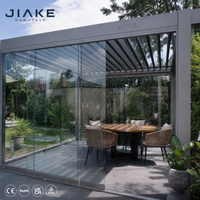 Pergola à lames orientables en aluminium Jiake, toit motorisé, mur en verre sans cadre, revêtement poudré, taille 4x4m, pour terrasse, balcon, jardin, patio