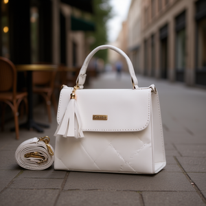 Bolso Freda Blanco Mariconera Fana de 7 Pulgadas, Cuero Blanco Vintage, Correa Individual, Cierre de Cremallera, Decoración con Borlas, Uso Diario - Product Image 2