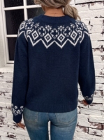Pull ras du cou jacquard Fair Isle bleu marine pour femme, pull tricoté classique et confortable à motif flocon de neige géométrique avec ourlet côtelé, OEM/ODM