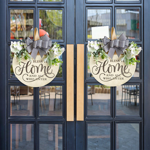 Decorazione con Fiori Artificiali, Fiocco e Targa Sospesa, Insegna di Benvenuto in <span class=keywords><strong>Legno</strong></span> con Design Inciso in Stile Rustico - Product Image 5