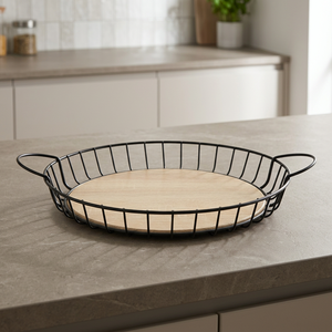 Wire Serving <b>Tray</b> <b>Wooden</b> Base Handles Industrial Design Handicrafts Eco Friendly Dishwasher Safe Household Multifunctional Use - Product Image 1