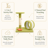 Arbre à chat moderne en bois avec tunnel, griffoir, plateforme ronde et jouets suspendus pour chats d'intérieur, vente en gros OEM/ODM