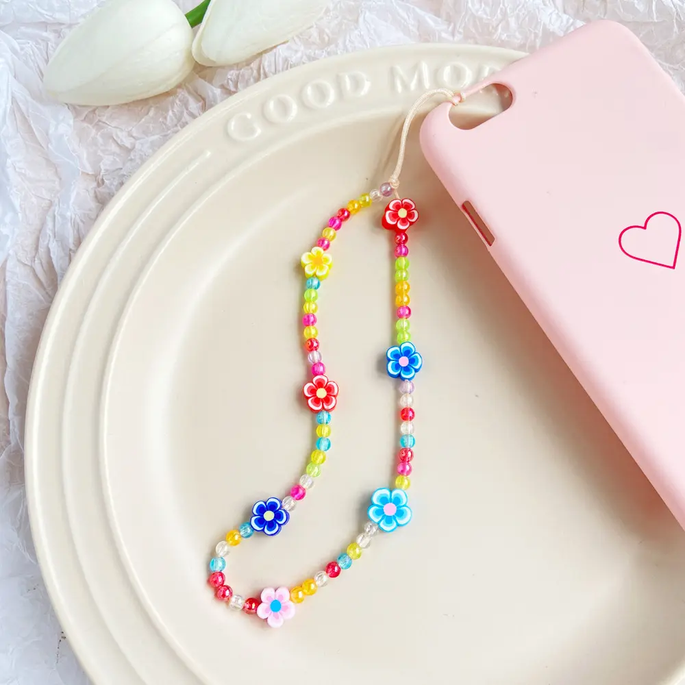 Colore arcobaleno fatto a mano Smiley volto felice perla di frutta in argilla polimerica con perline per telefono cinturino da polso catena di fascino per cellulare