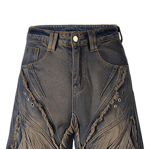 <span class=keywords><strong>Jeans</strong></span> Masculinos de Alta Qualidade, Estilo Industrial Escuro, com Retalhos Estruturais, Perna Larga, Corte Solto, Desfiado e com Borlas, Lavado, de Designer Personalizado - Product Image 5