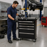 Chariot d'atelier roulant avec 5 tiroirs verrouillables en acier, doté d'un système de verrouillage à clé et de tiroirs profonds pour une utilisation en atelier