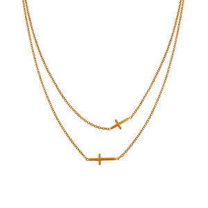 Double Layer <b>Cross</b> Necklace Gold Titanium Steel Geometric Pendant Women's Everyday Wear Clavicle <b>Chain</b> - Product Image 5