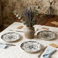 Assiette de table en céramique noire style pastoral français, imprimé classique, émaillée, pour pâtes, salades, desserts, style occidental, usage domestique