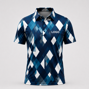 เสื้อโปโลชายลายอาร์ไกล์พิมพ์ลายสีน้ำเงินขาว แขนสั้น ผ้าถัก พิมพ์ลายตามสั่ง รับผลิตแบบ OEM ODM พร้อมโลโก้ของลูกค้า - Product Image 5