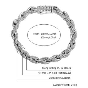 Europäischer und Amerikanischer Hip-Hop-Schmuck: 8mm Messingbasis mit 14K Gold Beschichtung, Mikro-Pavé CZ-Steine, Iced Out Seilketten-Armband & Halskette - Product Image 6