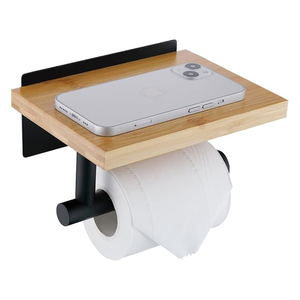 <span class=keywords><strong>Porte</strong></span>-<span class=keywords><strong>papier</strong></span> <span class=keywords><strong>toilette</strong></span> mural auto-adhésif 3M en bambou <span class=keywords><strong>naturel</strong></span> et acier inoxydable CF Modern Eco-Friendly, grande étagère pour salle de bain - Product Image 1