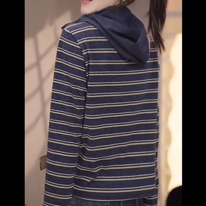 Striped Double-Sided Fleece Hooded Sweatshirt For Women Blue Casual Loose Slimming <b>Layering</b> Base <b>Layer</b> <b>Top</b> - Product Image 3