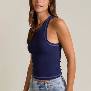Custom Logo <strong>Navy</strong> <strong>Blue</strong> Racerback Tank <strong>Top</strong> Women Contrast Trim Ribbed <strong>Crop</strong> <strong>Top</strong> Vintage Sporty Style Basic <strong>Top</strong> for Women - Product Image 2