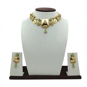 Elegant 925 <b>Silver</b> <b>Choker</b> Necklace Set Green Pink Stone Traditional Design and Matching Earrings for Wedding Wear - Product Image 3