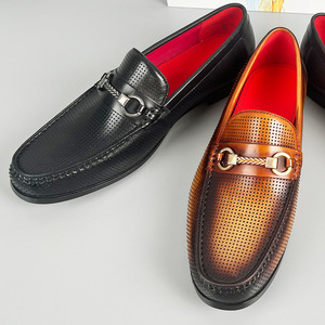 Men's Summer Leather Loafers Round Toe Breathable Slip-On With Buckle <b>Decoration</b> Solid Color Casual Business <b>Shoes</b> - Product Image 4