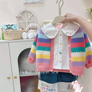 Child Star Circle Girls Cardigan Sweater Spring Autumn Knitwear Single Breasted Breathable Kids Top - Product Image 1