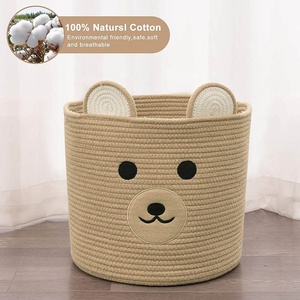 Bear Decorative Cotton Rope Toy Storage Basket <strong>Small</strong> Foldable Fabric Nursery <strong>Hamper</strong> Handles Brown Baby Laundry Basket Households - Product Image 3