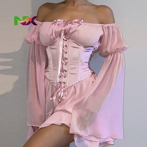 <span class=keywords><strong>Robe</strong></span> Courte <span class=keywords><strong>Moulante</strong></span> Femme Unie Automne à Volants en Maille Manches Longues Sans Col pour Soirée, Mini Bodycon en Dentelle, <span class=keywords><strong>Bustier</strong></span> Corset Amincissant - Product Image 1