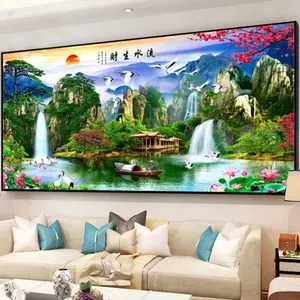 Nước Chảy Cảnh Quan Lớn Phòng Khách Trang Trí Banner Kim Cương Pha Lê Sứ Tranh