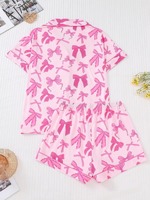 Set Piyama Cardigan Wanita Musim Panas Terlaris E-commerce Lintas Batas, Motif Pita, Kerah Lipat, Lengan Pendek, Celana Pendek