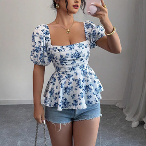 Blus Rajut Poliester Kerah Kotak Lengan Puff Kasual Modis Terbaru 2025 untuk Wanita Eropa-Amerika - Product Image 1