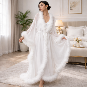 <span class=keywords><strong>Set</strong></span> di Lusso Personalizzato per Matrimonio: Vestaglia da <span class=keywords><strong>Donna</strong></span> in Piume di Struzzo, Leggera Vestaglia da Notte in Seta e Raso per Donne - Product Image 4