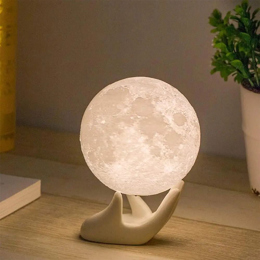 Lâmpada de lua, 8cm 10cm 3d impressão luz noturna lanterna com suporte de mão branca