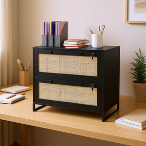 Armoire de classement noire de style bohème à 2 tiroirs verrouillables avec barre de suspension réglable, format A4/Legal, pour bureau à domicile - Product Image 2
