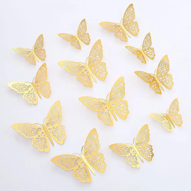 12Pcs/Set 3D Hollow Butterfly Wall Sticker Gold Silver Rose Wedding Decoration Living Room Home Decor Butterflies Decal Stickers