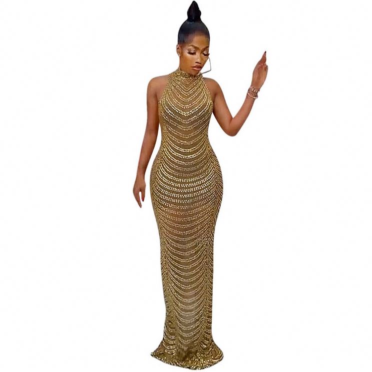 slim fit dress slacks Black Cutout Ring Strappy Maxi Dress with Gold Chain Detail 10 main image 1
