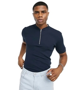 KY Waffle Muscle Fit <strong>Men's</strong> Navy Polo Plus Size Jersey <strong>T</strong>-<strong>Shirt</strong> <strong>Grandad</strong> Collar Partial Zip Fastening <strong>T</strong>-<strong>shirt</strong> Polo Coton Pour Homme - Product Image 1