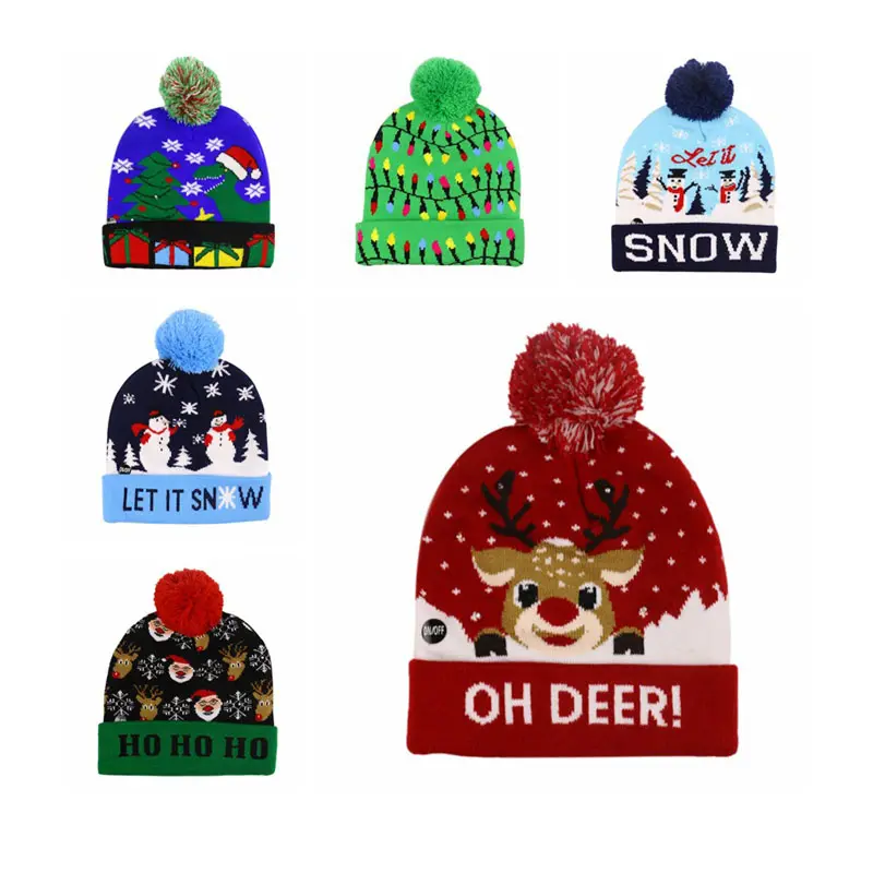 New Winter Festival Xmas Party Pompom Led Hats Kids Led Light-up Caps Women Led Christmas Knitted Beanies Ha