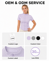 Haut de yoga pour femme grande taille avec logo personnalisé, lavande, manches courtes, fermeture éclair, col montant, extensible dans quatre directions, coupe ajustée, respirant, vêtements de sport
