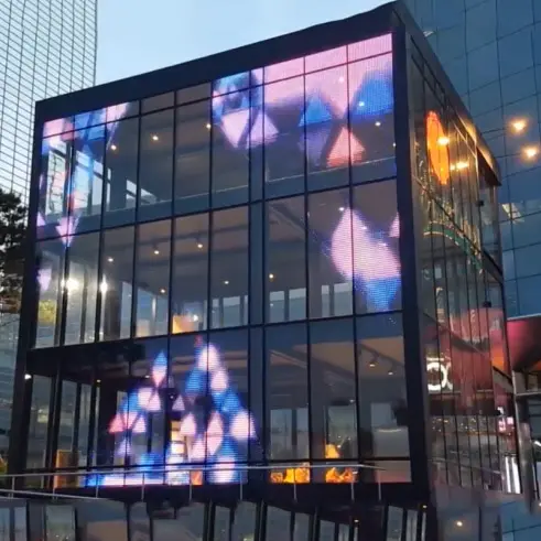 กระจกหน้าต่างม่านโฆษณาผนังวิดีโอตู้โชว์ร้านค้าโฆษณานำโปร่งใสหน้าจอแสดงผลแผง
