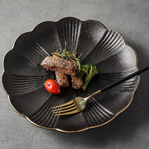 Creative Nordic Plant Pattern Matte <b>Black</b> Glaze Porcelain <b>Plate</b> Gold Edge Oven-Safe Dish for Home & Restaurant Parties - Product Image 3
