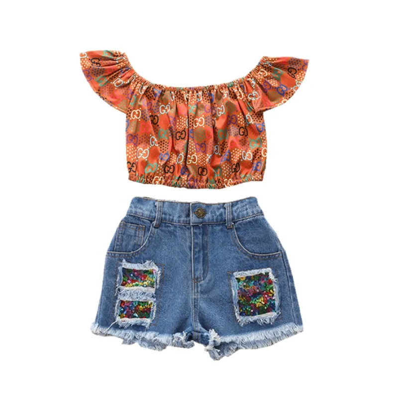 Toddler Kids Girls Summer Outfits Off Shoulder T-shirt Ripped Denim Shorts Sets