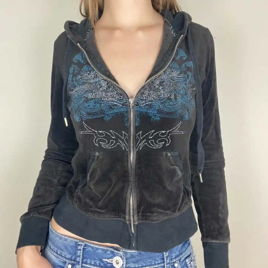 Custom Women Hoodies velvet Cotton Vintage Acid Washing embroidery rhinestone velour Hoodie Sweatshirts For Sale