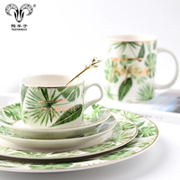 Vaisselle en céramique de haute qualité, motif de feuilles vertes tropicales, porcelaine de Chine, tasse et assiette en porcelaine de Chine