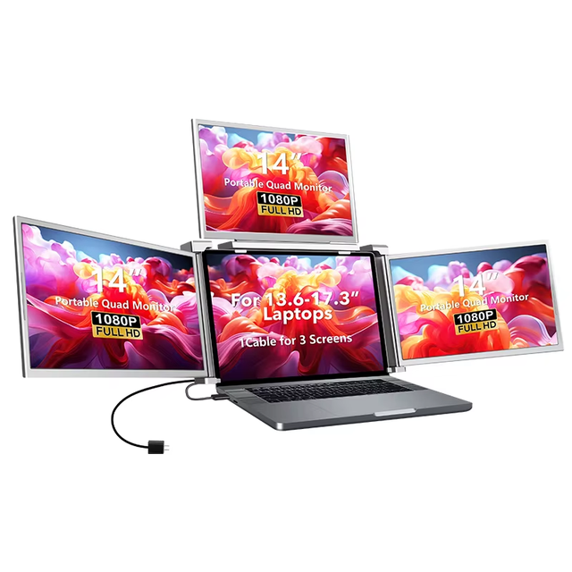 2026 3-Screen 14-Inch TN Panel Full HD 60Hz 5ms Response Time USB-C Portable Monitor for Laptop (Win/Mac) 1-Year Warranty