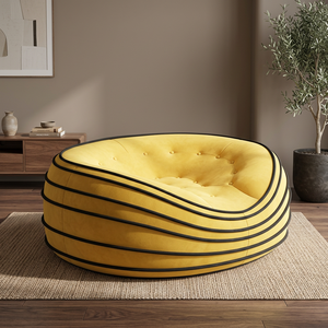 Fauteuil pouf capitonné jaune moderne, design contemporain, en tissu microfibre, mobilier de salon, style assise confortable - Product Image 4