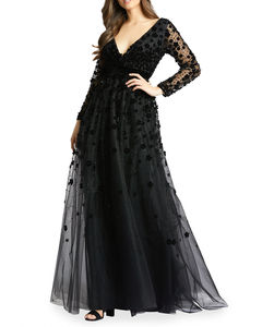 Nouvelle <span class=keywords><strong>robe</strong></span> <span class=keywords><strong>de</strong></span> <span class=keywords><strong>soirée</strong></span> élégante pour femme, noire, à manches longues, en velours, avec application florale, coupe trapèze - Product Image 4