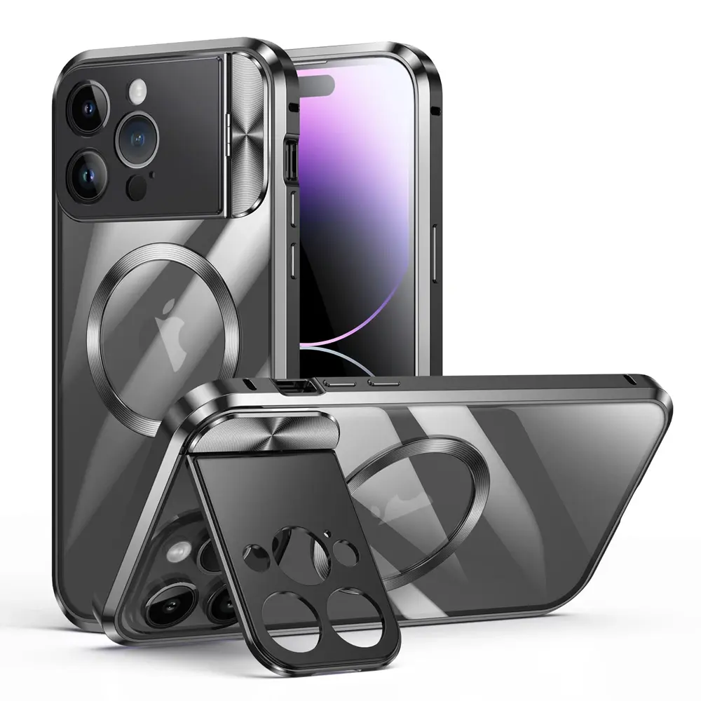Coque en alliage d'aluminium pour iPhone 15 14 Pro Max 13 Pro Max Magnetic Bumper Frame Metal Lens Protection Transparent Case