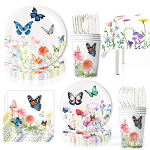 Butterfly Tea Party Supplies Paper Plates Cups <b>Tablecloth</b> Birthday Decorations 40-60 Pcs Environment Friendly Digital Printing - Product Image 4