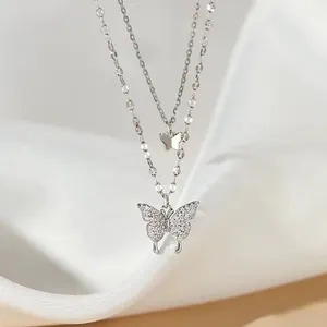Factory Supply Hot Sale Double Layer Butterfly High Quality Zircon Pendant 925 Sterling Silver Necklace For Women