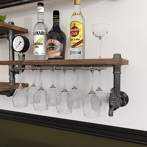 Étagère à tuyaux industrielle Casier à vin mural avec support en verre à 4 tiges Étagères de bar flottantes en métal rustique Étagère murale pour la cuisine - Product Image 4