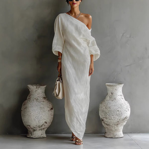 Robe longue élégante pour femme, épaules dénudées, unie, tissée, infroissable, à manches longues, pour printemps-été et soirées - Product Image 6